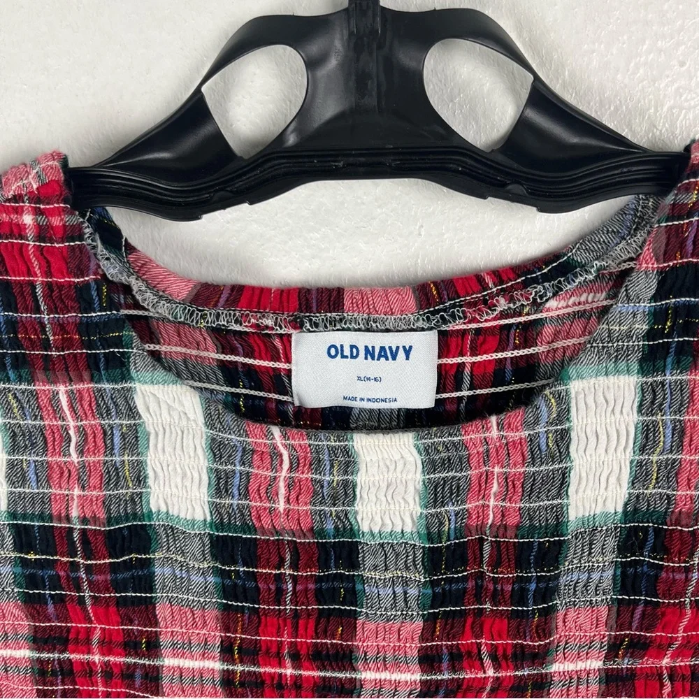 OLD NAVY Girls Plaid Smocked-Bodice Long Sleeves Dress, Size XL (14/16) Holiday